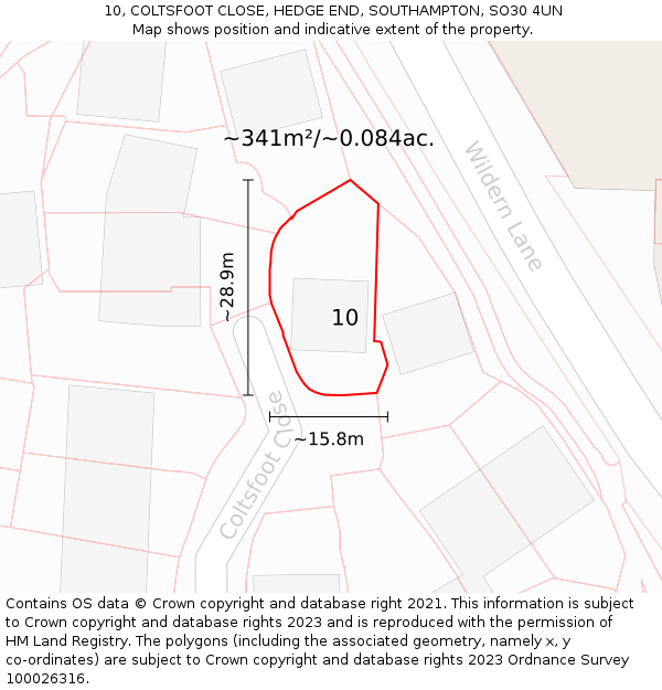10, COLTSFOOT CLOSE, HEDGE END, SOUTHAMPTON, SO30 4UN: Plot and title map