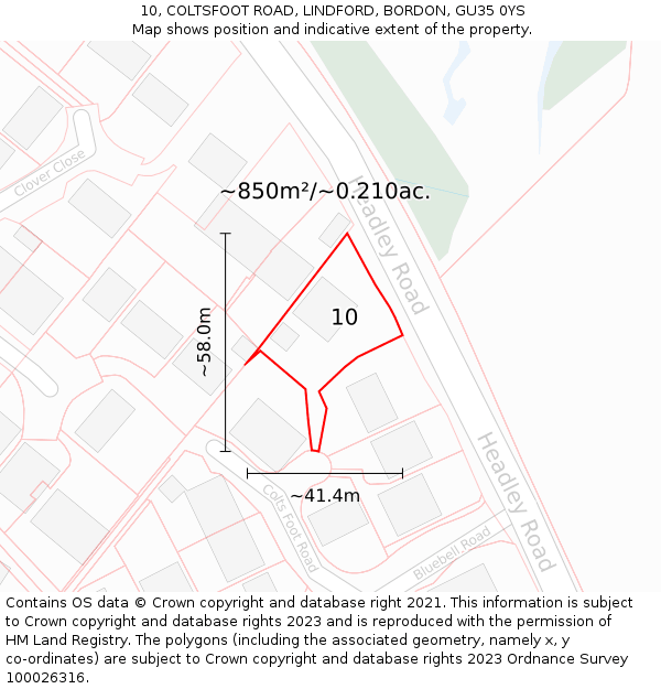 10, COLTSFOOT ROAD, LINDFORD, BORDON, GU35 0YS: Plot and title map