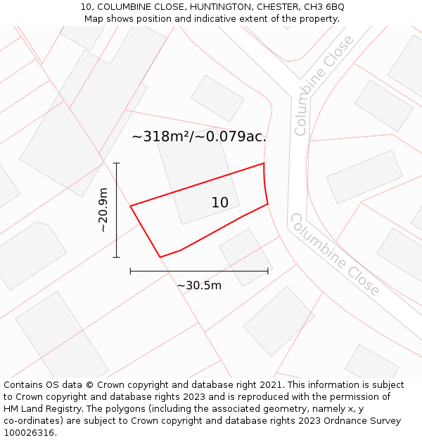 10, COLUMBINE CLOSE, HUNTINGTON, CHESTER, CH3 6BQ: Plot and title map