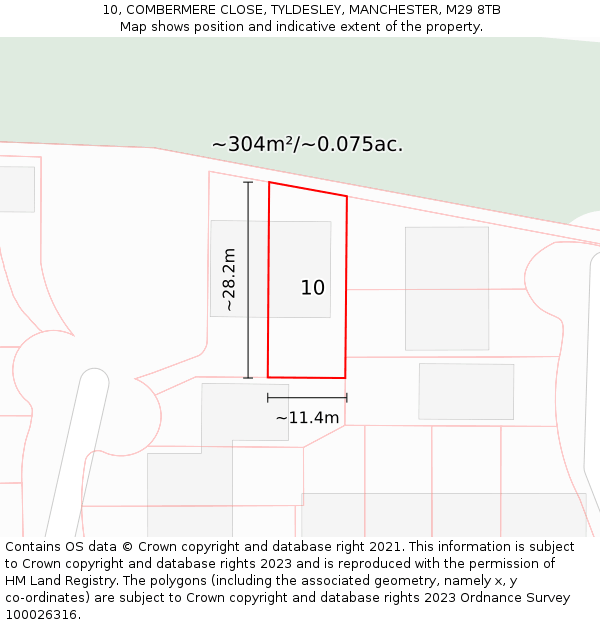 10, COMBERMERE CLOSE, TYLDESLEY, MANCHESTER, M29 8TB: Plot and title map