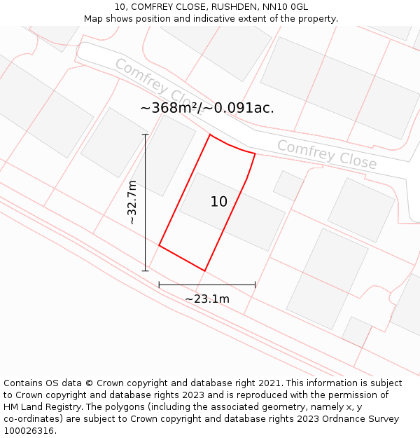 10, COMFREY CLOSE, RUSHDEN, NN10 0GL: Plot and title map