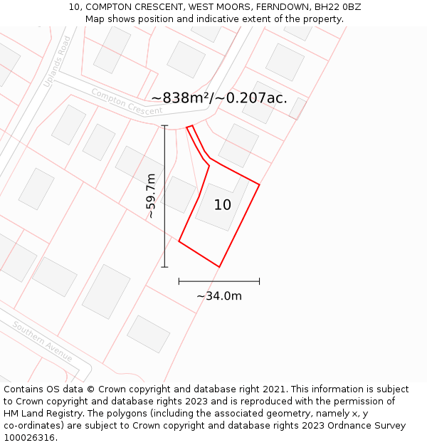 10, COMPTON CRESCENT, WEST MOORS, FERNDOWN, BH22 0BZ: Plot and title map