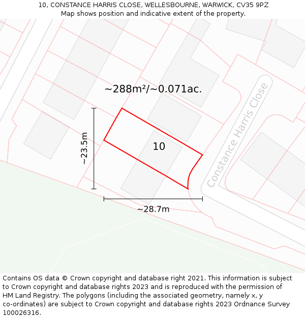 10, CONSTANCE HARRIS CLOSE, WELLESBOURNE, WARWICK, CV35 9PZ: Plot and title map
