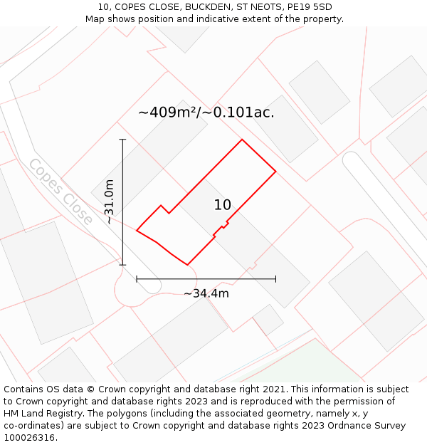 10, COPES CLOSE, BUCKDEN, ST NEOTS, PE19 5SD: Plot and title map