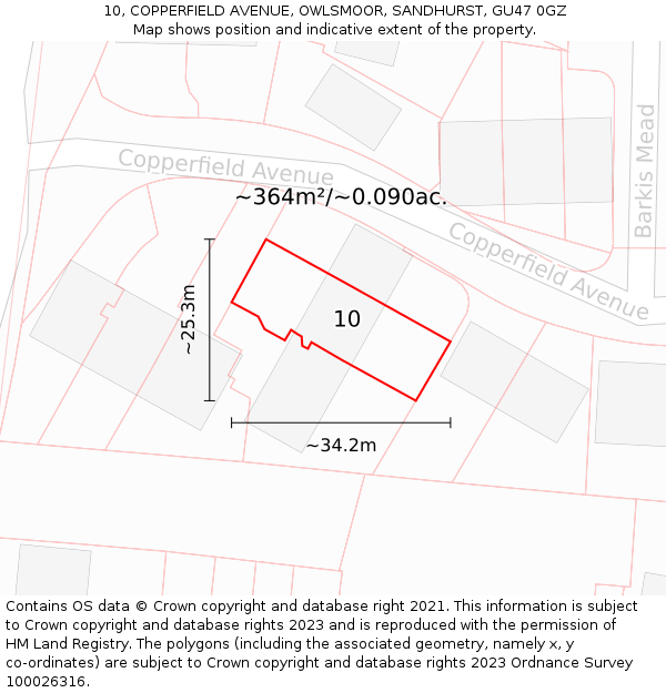 10, COPPERFIELD AVENUE, OWLSMOOR, SANDHURST, GU47 0GZ: Plot and title map