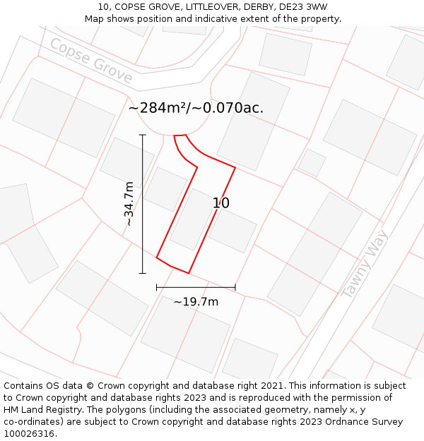 10, COPSE GROVE, LITTLEOVER, DERBY, DE23 3WW: Plot and title map