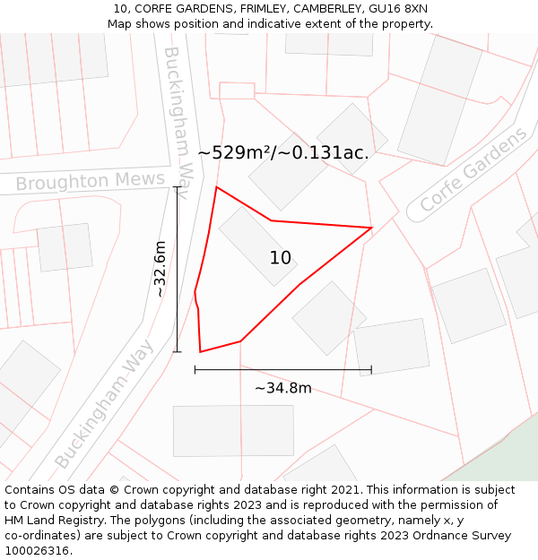10, CORFE GARDENS, FRIMLEY, CAMBERLEY, GU16 8XN: Plot and title map