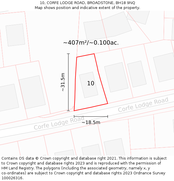 10, CORFE LODGE ROAD, BROADSTONE, BH18 9NQ: Plot and title map