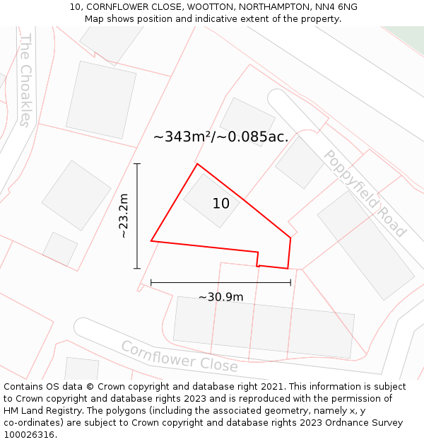 10, CORNFLOWER CLOSE, WOOTTON, NORTHAMPTON, NN4 6NG: Plot and title map