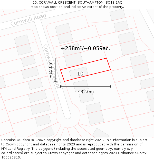 10, CORNWALL CRESCENT, SOUTHAMPTON, SO18 2AQ: Plot and title map