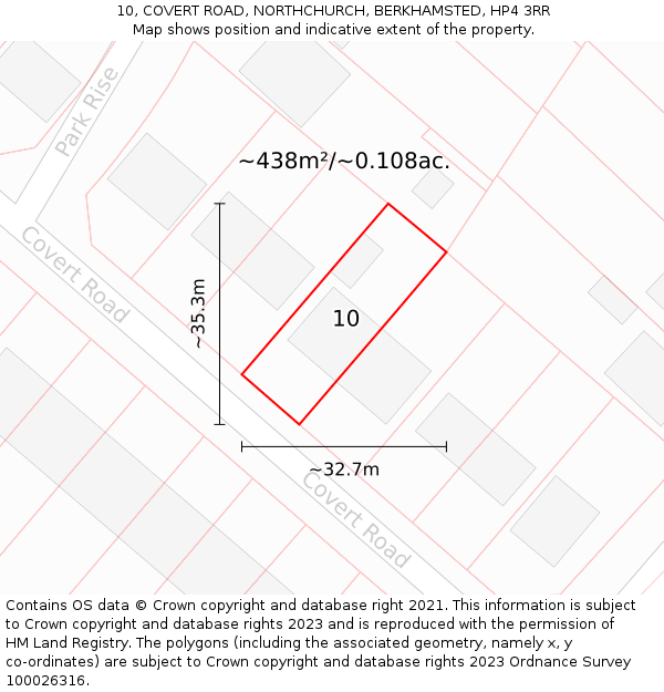 10, COVERT ROAD, NORTHCHURCH, BERKHAMSTED, HP4 3RR: Plot and title map