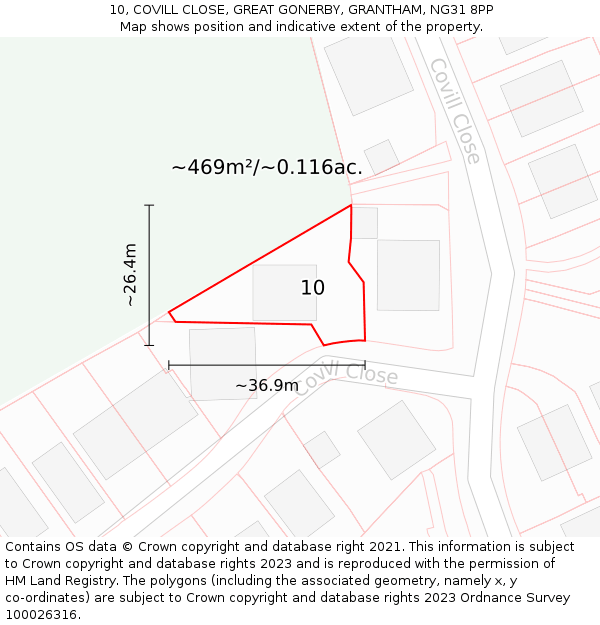 10, COVILL CLOSE, GREAT GONERBY, GRANTHAM, NG31 8PP: Plot and title map