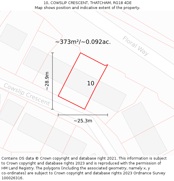 10, COWSLIP CRESCENT, THATCHAM, RG18 4DE: Plot and title map
