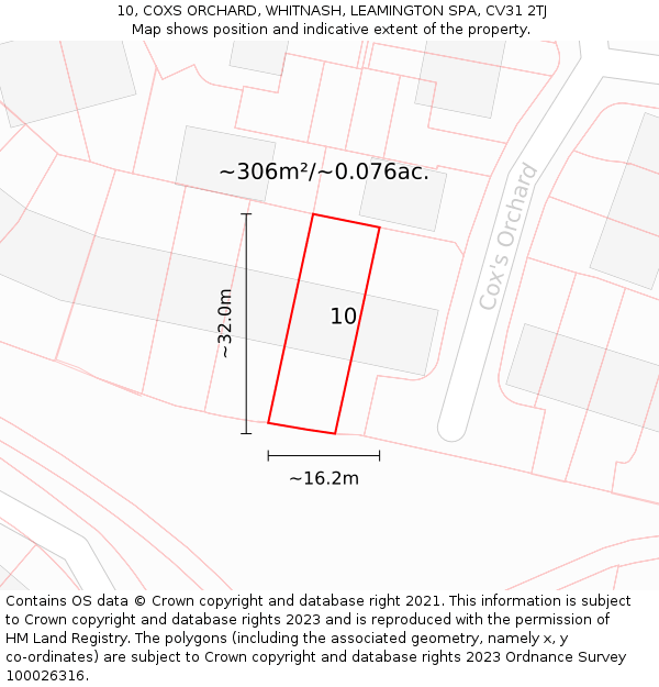 10, COXS ORCHARD, WHITNASH, LEAMINGTON SPA, CV31 2TJ: Plot and title map