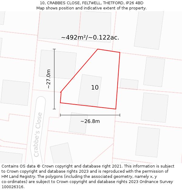 10, CRABBES CLOSE, FELTWELL, THETFORD, IP26 4BD: Plot and title map