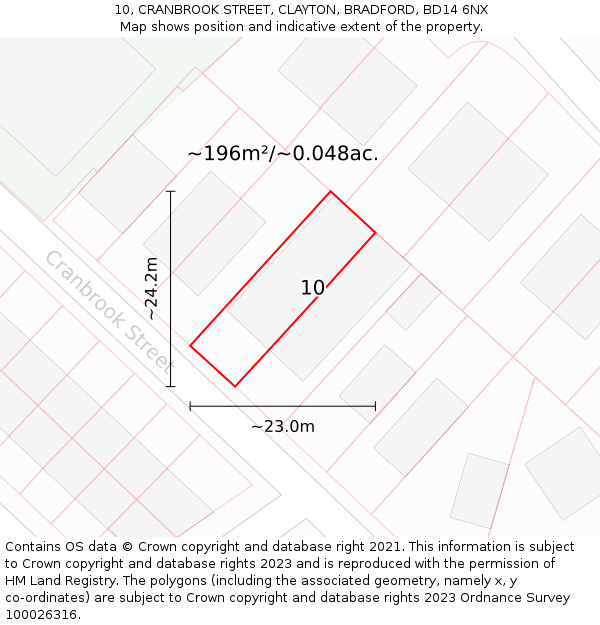 10, CRANBROOK STREET, CLAYTON, BRADFORD, BD14 6NX: Plot and title map