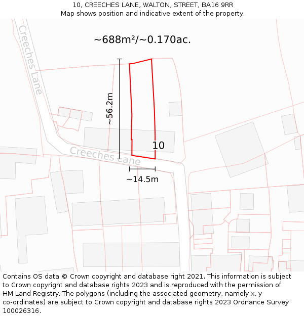 10, CREECHES LANE, WALTON, STREET, BA16 9RR: Plot and title map