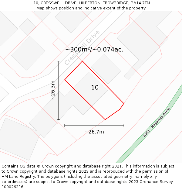 10, CRESSWELL DRIVE, HILPERTON, TROWBRIDGE, BA14 7TN: Plot and title map