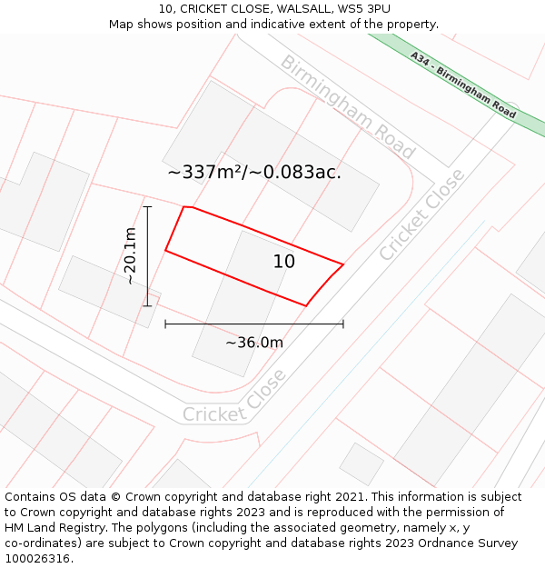 10, CRICKET CLOSE, WALSALL, WS5 3PU: Plot and title map