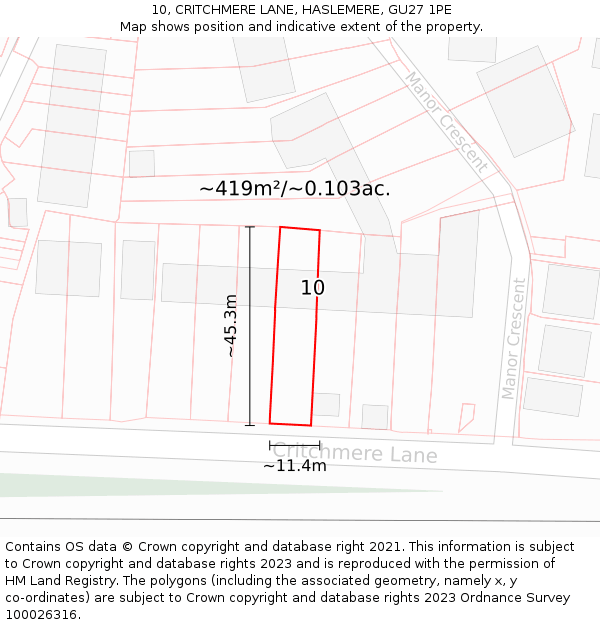 10, CRITCHMERE LANE, HASLEMERE, GU27 1PE: Plot and title map