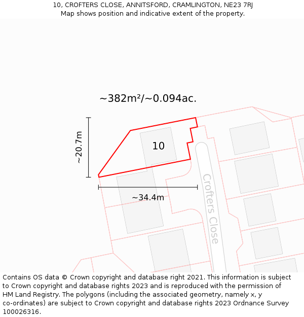 10, CROFTERS CLOSE, ANNITSFORD, CRAMLINGTON, NE23 7RJ: Plot and title map
