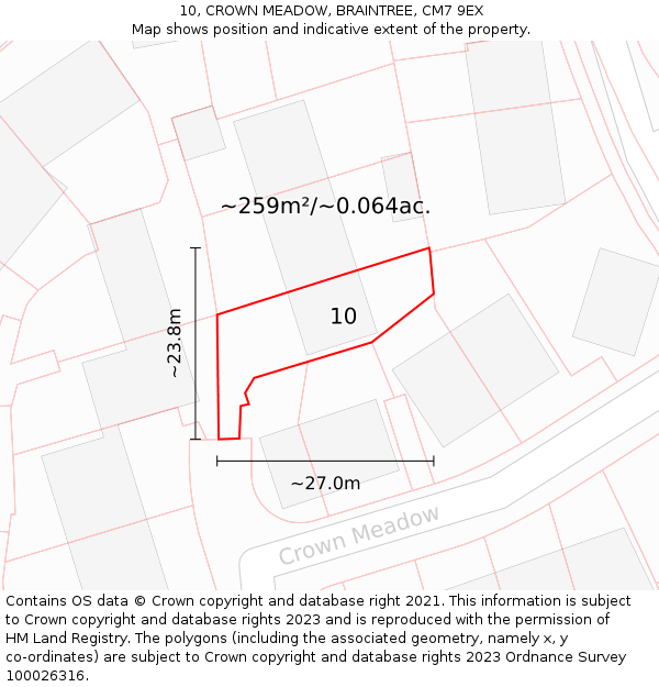 10, CROWN MEADOW, BRAINTREE, CM7 9EX: Plot and title map