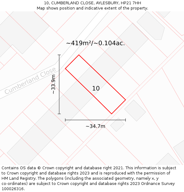 10, CUMBERLAND CLOSE, AYLESBURY, HP21 7HH: Plot and title map
