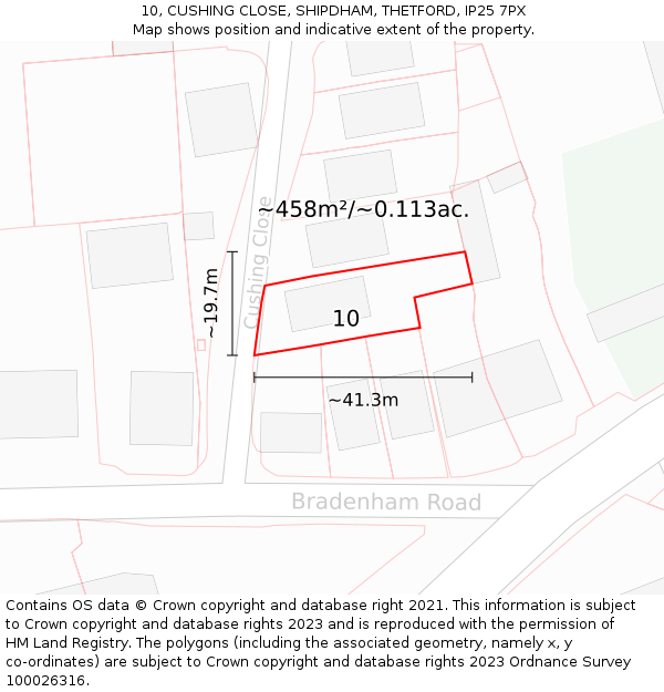 10, CUSHING CLOSE, SHIPDHAM, THETFORD, IP25 7PX: Plot and title map