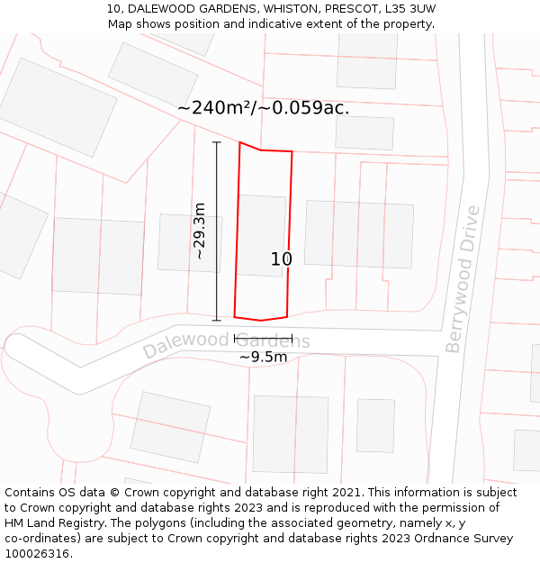 10, DALEWOOD GARDENS, WHISTON, PRESCOT, L35 3UW: Plot and title map