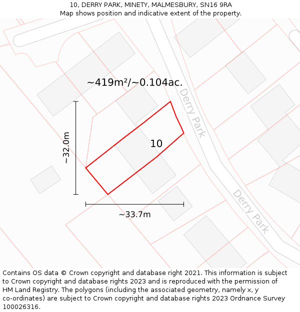 10, DERRY PARK, MINETY, MALMESBURY, SN16 9RA: Plot and title map