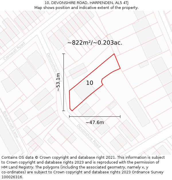 10, DEVONSHIRE ROAD, HARPENDEN, AL5 4TJ: Plot and title map