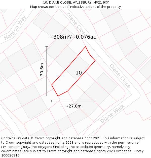 10, DIANE CLOSE, AYLESBURY, HP21 9XY: Plot and title map