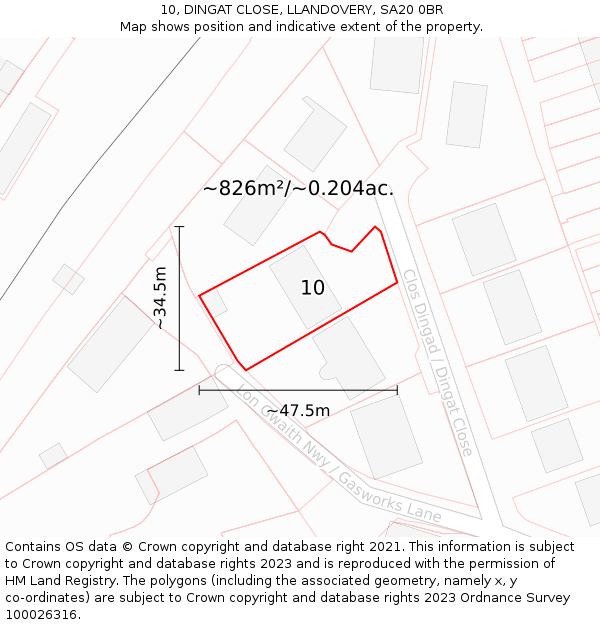 10, DINGAT CLOSE, LLANDOVERY, SA20 0BR: Plot and title map