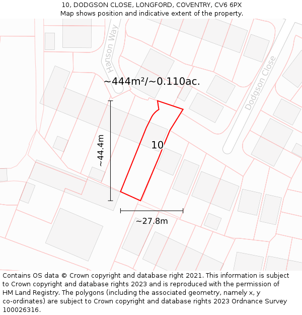 10, DODGSON CLOSE, LONGFORD, COVENTRY, CV6 6PX: Plot and title map