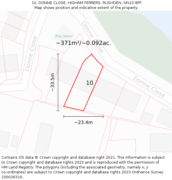 10, DONNE CLOSE, HIGHAM FERRERS, RUSHDEN, NN10 8PF: Plot and title map