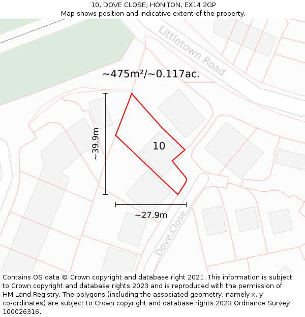10, DOVE CLOSE, HONITON, EX14 2GP: Plot and title map