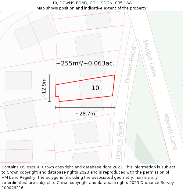 10, DOWNS ROAD, COULSDON, CR5 1AA: Plot and title map