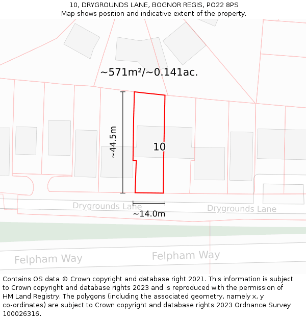 10, DRYGROUNDS LANE, BOGNOR REGIS, PO22 8PS: Plot and title map