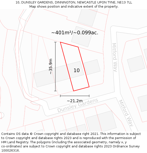 10, DUNSLEY GARDENS, DINNINGTON, NEWCASTLE UPON TYNE, NE13 7LL: Plot and title map
