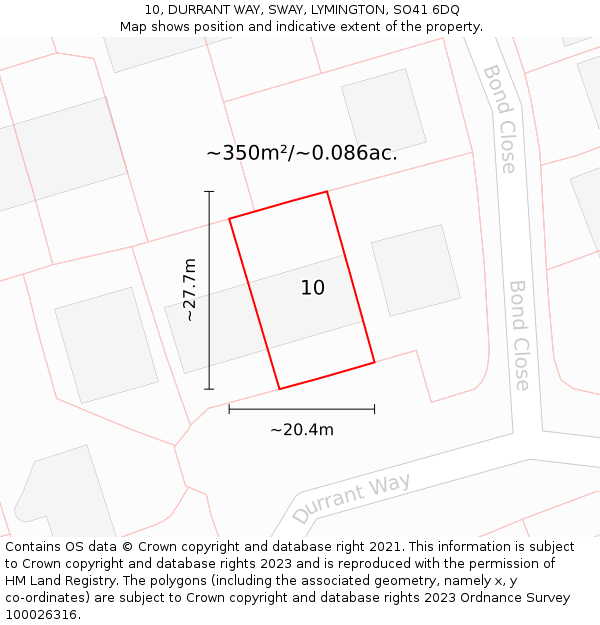 10, DURRANT WAY, SWAY, LYMINGTON, SO41 6DQ: Plot and title map