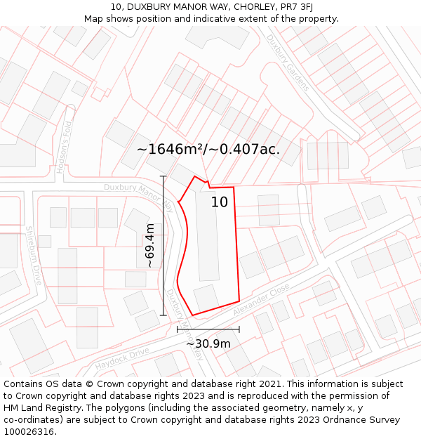 10, DUXBURY MANOR WAY, CHORLEY, PR7 3FJ: Plot and title map