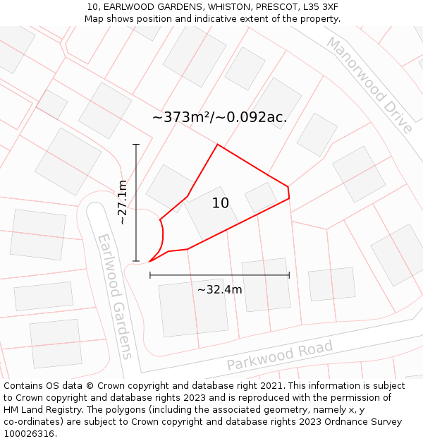 10, EARLWOOD GARDENS, WHISTON, PRESCOT, L35 3XF: Plot and title map