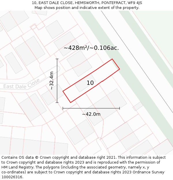 10, EAST DALE CLOSE, HEMSWORTH, PONTEFRACT, WF9 4JS: Plot and title map