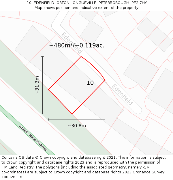 10, EDENFIELD, ORTON LONGUEVILLE, PETERBOROUGH, PE2 7HY: Plot and title map
