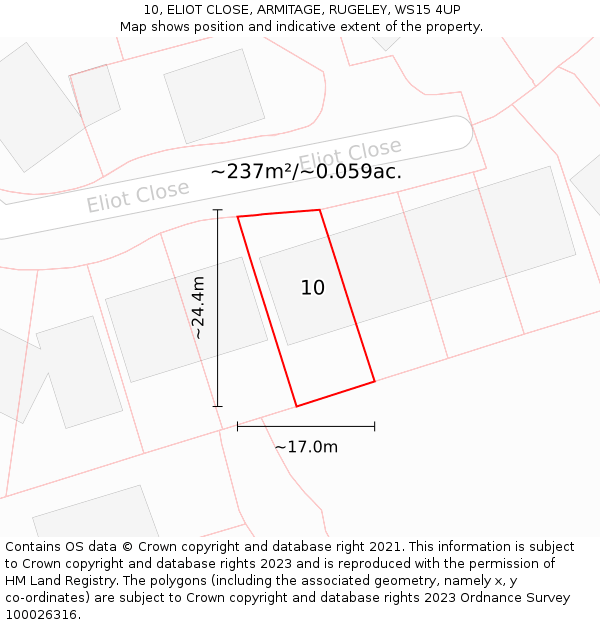 10, ELIOT CLOSE, ARMITAGE, RUGELEY, WS15 4UP: Plot and title map
