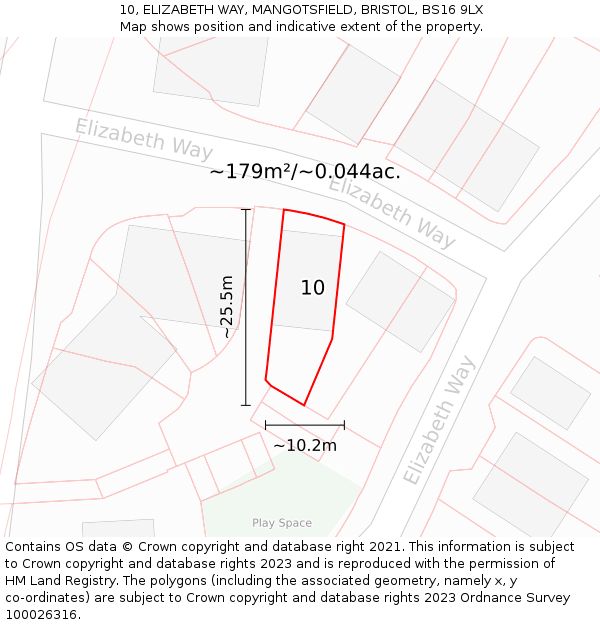 10, ELIZABETH WAY, MANGOTSFIELD, BRISTOL, BS16 9LX: Plot and title map