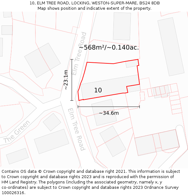 10, ELM TREE ROAD, LOCKING, WESTON-SUPER-MARE, BS24 8DB: Plot and title map