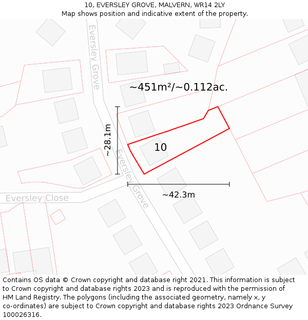 10, EVERSLEY GROVE, MALVERN, WR14 2LY: Plot and title map