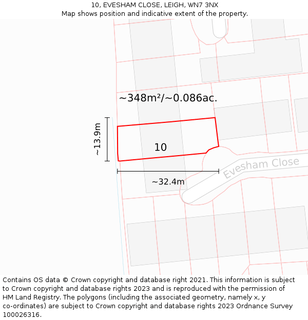 10, EVESHAM CLOSE, LEIGH, WN7 3NX: Plot and title map