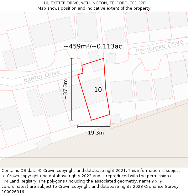 10, EXETER DRIVE, WELLINGTON, TELFORD, TF1 3PR: Plot and title map